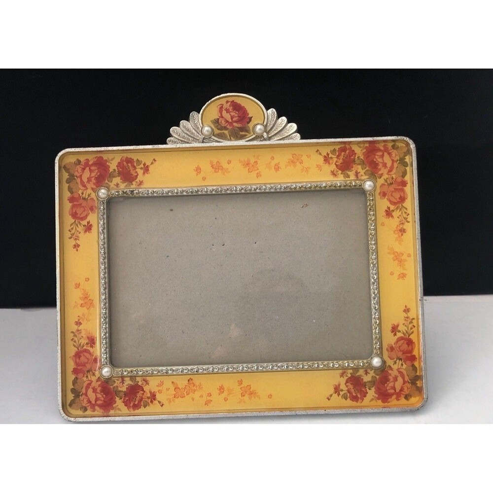 Vintage Shabby chic Table Top Frame Butterscotch Enamel Pearls On Corner roses